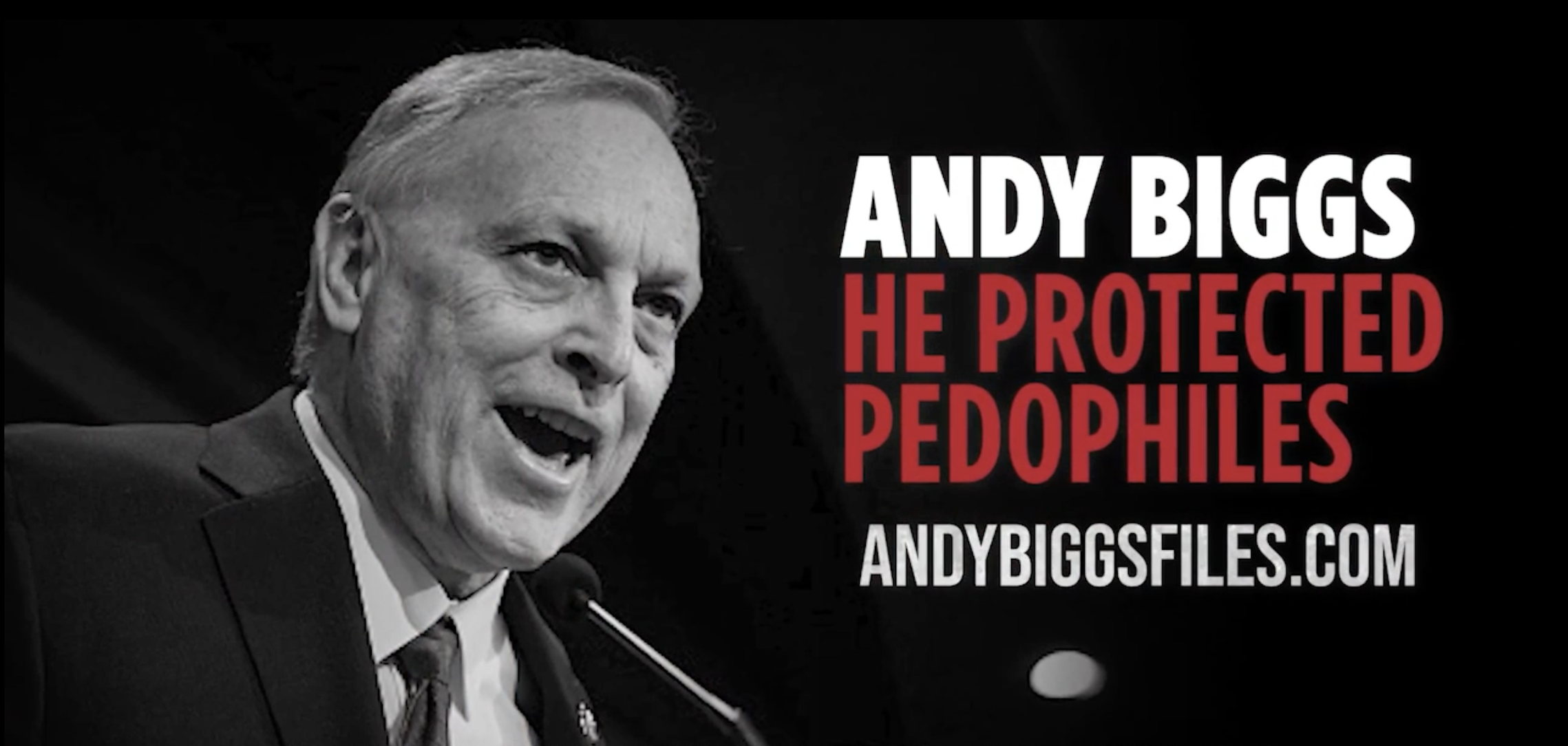 Still from Arizona governor Katie Hobbs’s “Crimes” campaign ad on Andy Biggs and FLDS.