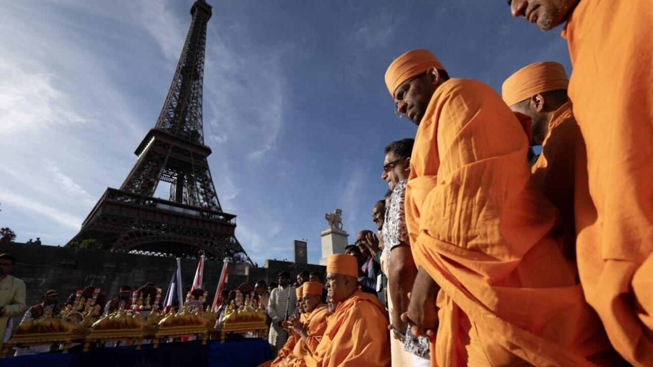 BAPS monks in a ceremony before the Eiffel Tower, Paris, 3 September